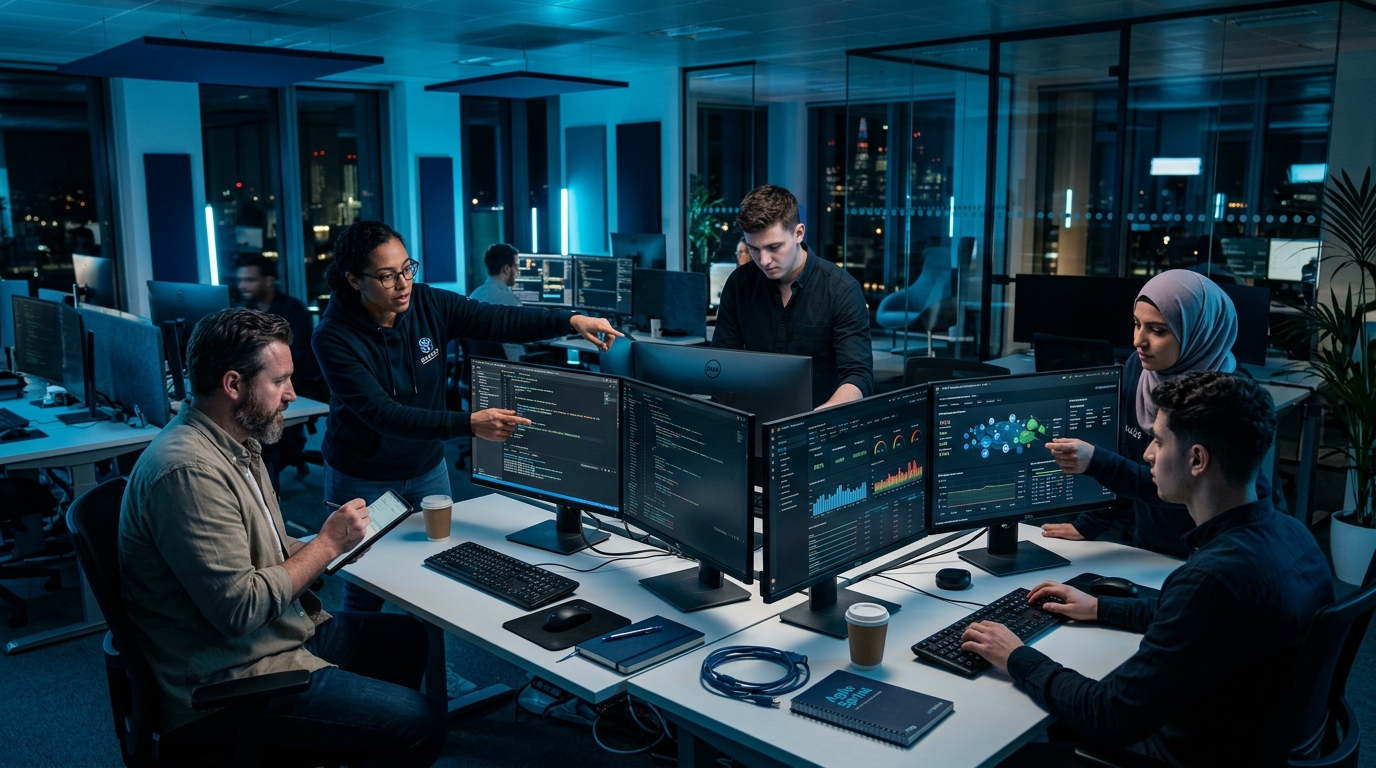 IT outsourcing team collaborating in a modern office