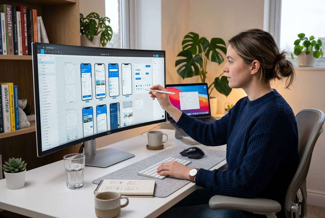 UI/UX designer creating wireframes and app interfaces